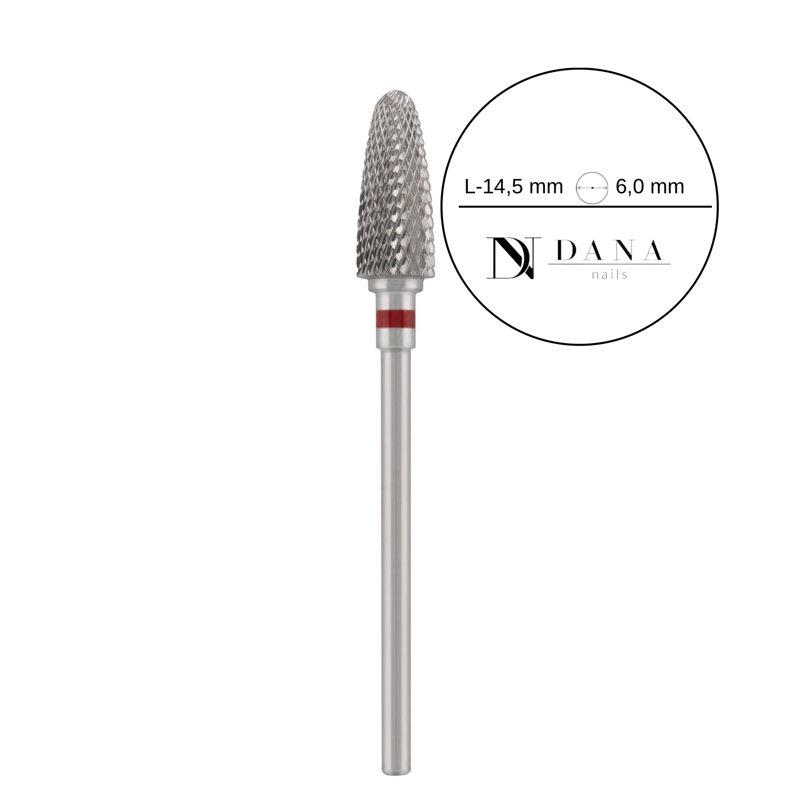 Dana Nails, Tungsten carbide bit "corn", red, L-14,5 mm., Ø6,0 mm