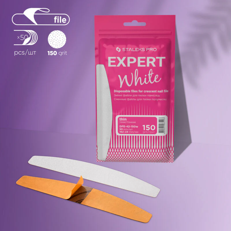 Staleks Disposable white files for crescent nail file Thin EXPERT 42, 150 grit (50 pcs)